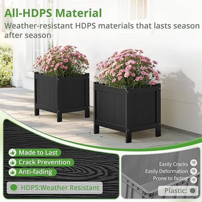 LUE BONA Outdoor Plant Pots, 13.7" x 12.5" x 14.5" HDPS Flower Pots with Drainage Holes, Outdoor Planters Boxes for Outdoor Plants - Porch Patio, Garden or Entryway, Black