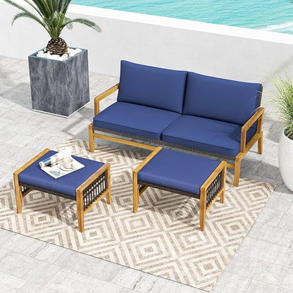 Tangkula Set of 2 Outdoor Ottomans, Patio Acacia Wood Ottomans with Cushions, Versatile Rattan Woven Footstools, Wicker Footrest Extra Seating for Backyard, Poolside, Porch