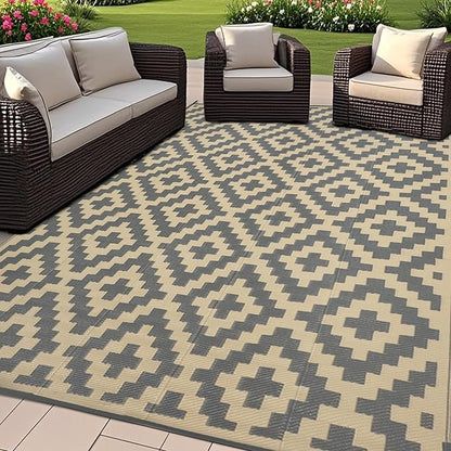 SAND MINE 6 x 9 Ft Reversible Mats, Plastic Straw Rug, Modern Area Rug, Large Floor Mat and Rug for Outdoors, RV, Patio, Backyard, Deck, Picnic, Beach, Trailer, Camping, Grey & Tan