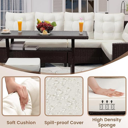 KROFEM6-Piece Patio Furniture Set, Outdoor Sectional Sofa with Dining Table & Chairs, All-Weather Dining Set with Removable Cushion Covers, Ideal for Garden, Porch, Backyard, White
