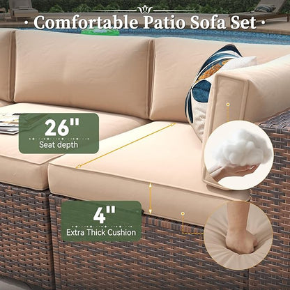 Aoxun 7 Piece Patio Furniture Set with Wide Armrests & 44” Fire Pit Table Wicker Rattan Outdoor Sectional Sofa Set with Coffee Table and Thickened Cushions, Brown/Beige(Waterproof Cover Included)