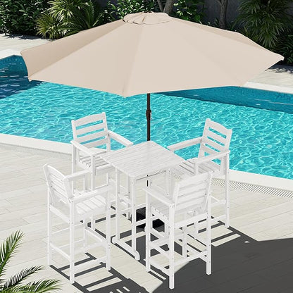 SERWALL 6 Pieces Outdoor Patio Bar Set with 9ft Umbrella, Outdoor HDPE Barstool and Table Furniture Set with Patio Umbrella, White