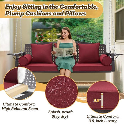3 Seat Porch Swing, Patio Swing Bench with Cup Holders & 3 Back Cushions, Swing Chair with Chains for Deck Garden Backyard,Red