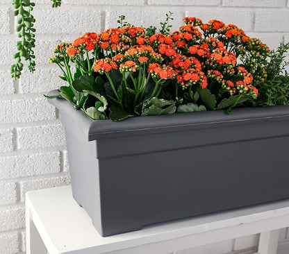 The HC Companies 28 Inch Romana Planter Box with Drainage Plug, Lightweight UV-Resistant Plastic Outdoor Planters, 1-Pack Flower Box for Garden, Patio, Balcony, and Fence, Warm Gray