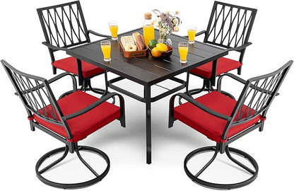 NUU GARDEN 5 Piece Outdoor Dining Set, Outdoor Furniture Set for Square Iron Umbrella Dining Table and 4 Cushioned Swivel Chairs, Black and Red Cushion