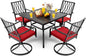 NUU GARDEN 5 Piece Outdoor Dining Set, Outdoor Furniture Set for Square Iron Umbrella Dining Table and 4 Cushioned Swivel Chairs, Black and Red Cushion