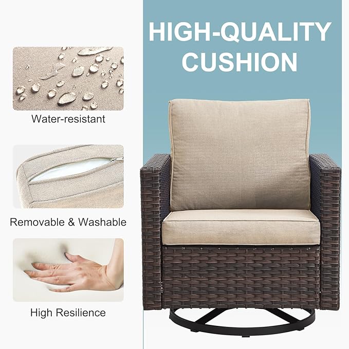 Belord Outdoor Bistro Set 3 Piece Wicker Swivel Rocker Patio Chairs, Oversize Outdoor Rattan Seating Set, Patio Swivel Glider Chairs Wicker Furniture with Metal Side Table for Porch Backyard, Brown
