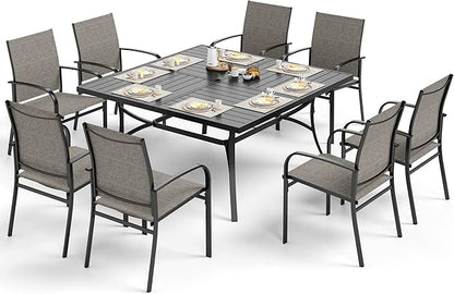 Patio Dining Set for 8, 60" x 60" Square Metal Table with Umbrella Hole, 8 x Stable Brown Dining Chairs, Outdoor Table and Chairs Set for Lawn Backyard and Deck