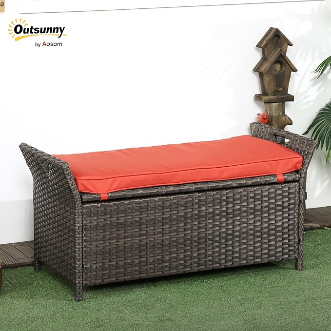 Storage Bench, Patio Wicker Look, 29 Gallon Red Rattan