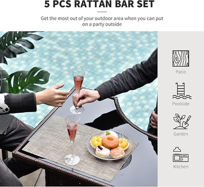 Outsunny 5 Pcs Rattan Wicker Bar Set, High Top Outdoor Table and Chairs, Bar Height Patio Set with Glass Table Top 2 Tier Storage Shelf, and 4 Bar Stools for Garden, Poolside, Dark Brown