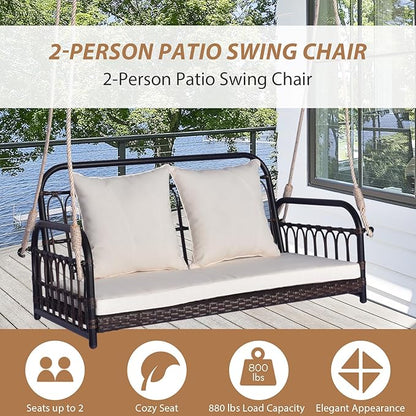 Tangkula Outdoor Wicker Porch Swing, 2-Person Hanging Seat with Seat & Back Cushions, Heavy-Duty Metal Frame & 2 Sturdy Hanging Ropes, Wicker Woven Swing Loveseat for Front Porch, Backyard (Off White)