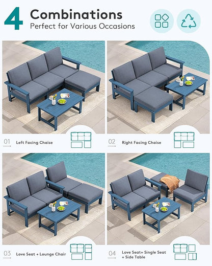 SERWALL Outdoor Sectional Sofa Set, 5-piece Outdoor Modula Couch Set with Ottoman, All Weather Patio Furniture Set with Chaise for Deck, Lawn, Blue Frame with Gray Cushion