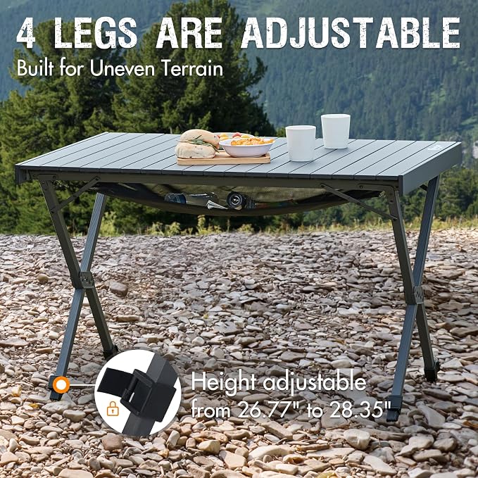 Camping Table with Aluminum Roll-Up Top, Adjustable Height and Carry Bag