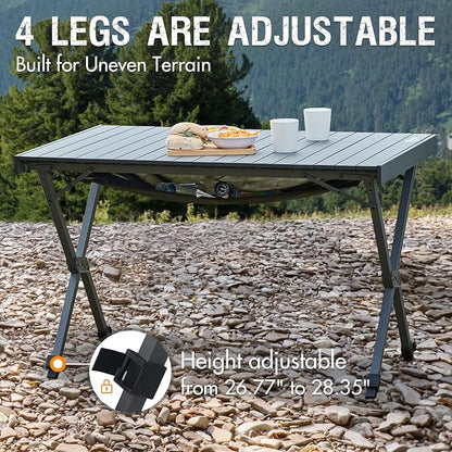 Camping Table with Aluminum Roll-Up Top, Adjustable Height and Carry Bag