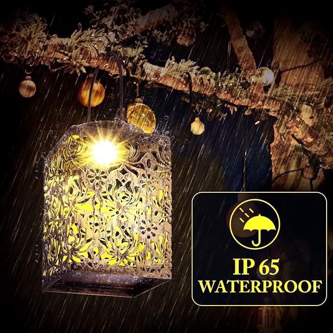 Lanterns, 2 Pack Bronze Metal Solar Outdoor Hanging Light Set