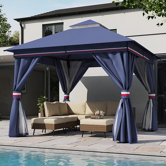 LAUSAINT HOME Semi-Permanent Outdoor Patio Gazebo 10'x10', Heavy Duty Party Tent Shelter with Double Roofs, Mosquito Nettings and Privacy Screens for Backyard, Garden, Lawn, Classic Blue