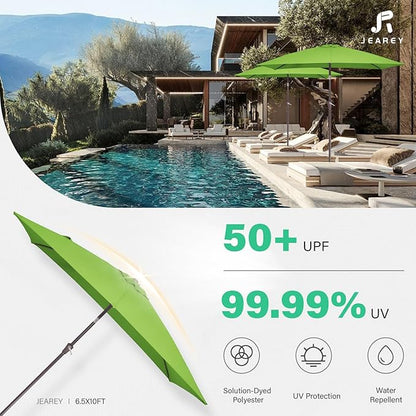 JEAREY 6.5x10 ft Rectangular Patio Umbrellas Rectangle Outdoor Umbrella with Push Button Tilt and Crank, Market Table Umbrella 6 Sturdy Ribs UV Protection for Poolside Garden Backyard Deck, Glass Green