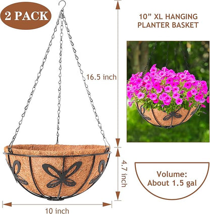 Hanging Baskets Planter for Plants, 2 Pack 10 Inch Round Metal Wire Hanging Flower Pots with Coco Coir Liner Chain, Plant Holder for Home Garden Balcony Decor