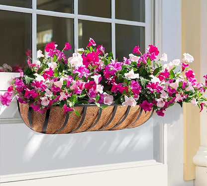Y&M 4pcs 24 Inch Window Deck with Coco Liner, 24" Window Boxes Horse Trough with Coconut Coir Liner, Black Metal Hanging Flower Planter Window Basket Deck Railing Planter Boxes for Outdoor Indoor
