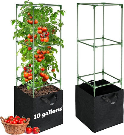 ANPHSIN 2 Sets Tomato Cages with 10 Gallon Grow Bags - 47'' Stable Plant Support Trellis Kit, Square Cages with Planter Pots for Garden Flowers Vegetables Cucumber Vertical Climbing Plants Vines
