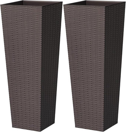 Greesum 32 Inch Tall Plastic Planters(Set of 2), Detachable Inner Pot & Drainage Holes, Outdoor Decorative Flower Pots for Large Plants, Trees, Patio, and Garden, Brown