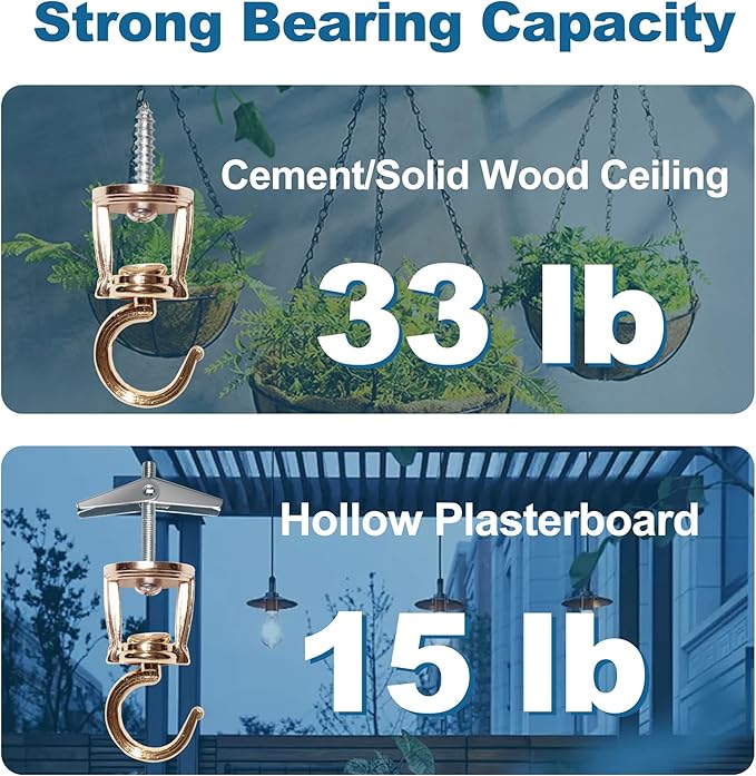 ONIKK Ceiling Hooks for Hanging Plants (4 PCS Gold), Heavy Duty Metal Plant Hooks, Screw in Hooks for Hanging Birdfeeders, Lamps, Planters, Indoor Outdoor Wall Baskets Hooks up to 33 lbs