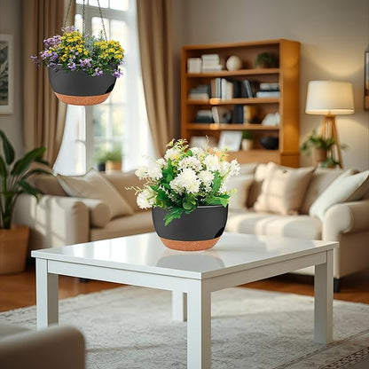 2 Pack 12 Inch Self Watering Hanging Planters for Indoor Plants, Large Black Brown Plastic Hanging Pots with Chains for Outdoor Patio Garden Home Decor Black Brown