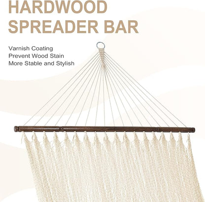 Lazy Daze Hammocks 10.5 FT Double 2 Person Caribbean Rope Hammock, Hand Woven Polyester Hammock with Spreader Bars, for Outside Outdoor Backyard Patio Poolside, 450 LBS Capacity, Cream