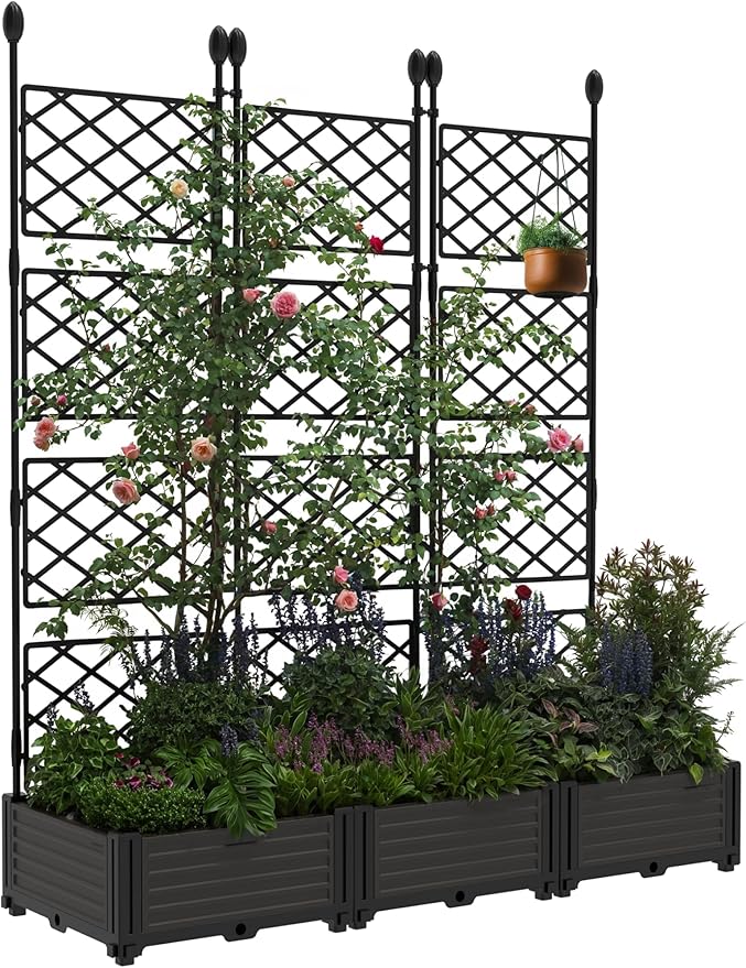 GAOMON 3 PCS Raised Garden Bed with Trellis - 50 in W x 63" Tall Plastic Planter Box for Climbing Plants, Outdoor Vertical Garden with Privacy Screen for Patio, Balcony, Backyard