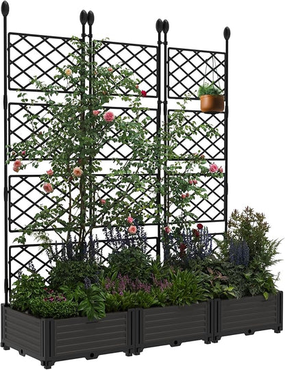 GAOMON 3 PCS Raised Garden Bed with Trellis - 50 in W x 63" Tall Plastic Planter Box for Climbing Plants, Outdoor Vertical Garden with Privacy Screen for Patio, Balcony, Backyard