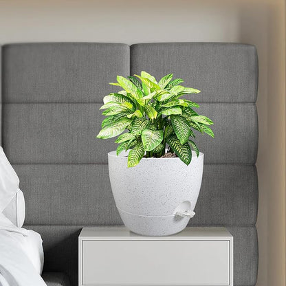 12 inch Large Self Watering Pots, Planter, Plant Pots with Multi Mesh Drainage Holes for Indoor Outdoor House Plants and Garden, Plastic Flower Pots with Deep Reservoir, Speckled White