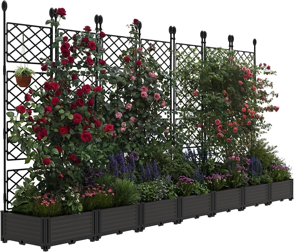 7 PCS Raised Garden Bed with Trellis & Privacy Screen, 116"w x 63"Tall Vertical Garden Planter Box for Climbing Plants - Sturdy Lightweight Outdoor Planter for Vegetables, Flowers on Patio, Balcony