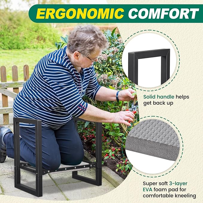 Workseat Garden Kneeler with Assist Handles, Matte Black Metal Frame