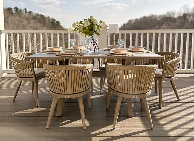 PURPLE LEAF 7 Pieces Outdoor Dining Set with Patio Aluminium Dining Table and Wicker Rattan Chairs Modern Furniture Cushions Sets for Backyard Indoor Decor Kitchen Champagne