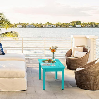 LUE BONA Outdoor Coffee Table Rectangle, HDPS Patio Coffee Tables for Outside, All Weather Patio Coffee Table with Slatted Tabletop for Deck, Garden, Balcony, Indoor or Outdoor Use, Aruba Blue