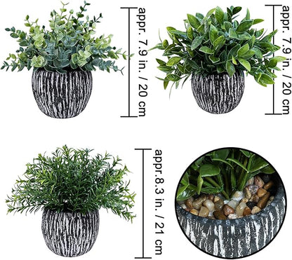 Winlyn Set of 3 Artificial Potted Plants Faux Eucalyptus Rosemary Boxwood Greenery in Black & White Concrete Pots Small Fake Plant for Indoor Outdoor Home Office Table Shelf Windowsill Greens Décor