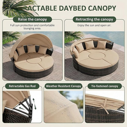 Crownland Outdoor Daybed with Retractable Canopy, Patio Round Daybed with Washable Cushions, Clamshell Sectional Seating, Wicker Furniture for Backyard, Patio, Garden, Pool (Light Brown)
