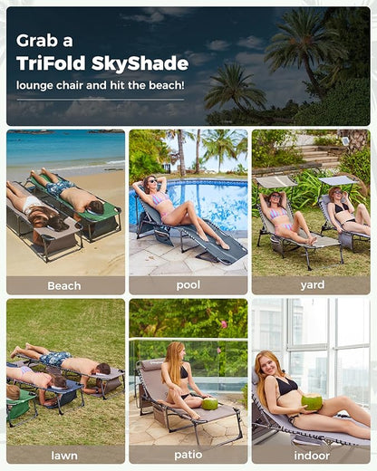 KingCamp Tanning Chair with Face Hole, Lounge Chairs Outdoor Folding Comfy Adjustable 5-Position Foldable Chaise Chaser with Canopy Shade for Outside Beach Patio Sun Bathing Pool, Beige/White