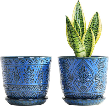 Gepege Beaded Ceramic 6 Inch Planter Set of 2 with Drainage Hole and Saucer for Plants, Indoor-Outdoor Large Round Succulent Orchid Flower Pot (Blue, Inner-pots not Larger Than 5 Inch)