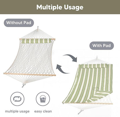 SUNCREAT Portable 2 Person Hammock with Hardwood Spreader Bar, Cotton Rope Outdoor Hammock with Polyester Pad, Green&Beige