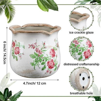 6 Inch Ceramic Plants Pots Vintage Ceramic Flower Planters Crackle Glaze Finish Flower Pots Decorative Floral Vintage Planters for Living Room Garden Home Decor Gifts(Classic)