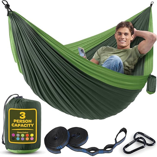 Durable Hammock 550 lb Capacity, Nylon Camping Hammock Chair - Double or Single Sizes w/Tree Straps and Attached Carry Bag - for Travel/Backpacking/Beach/Backyard (X-Large, Forest Green & Lima Green)