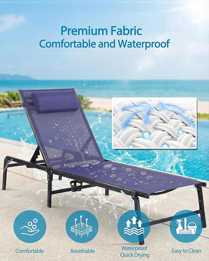 Foldable Chaise Lounge Chair with Cup Holder, Assemble-Free Outdoor Lounge Chair with Detachable Pillow and 6 Adjustable Backrest, Patio Lounge Chair for Outside Poolside Beach Pool, Blue