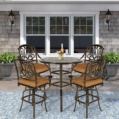 VIVIJASON 5-Piece Patio Swivel Bar Stools Set, All Weather Cast Aluminum Outdoor Bar Height Bistro Set with 4 Cushioned Bar Chairs & 35.4" High Bar Table w/Umbrella Hole for Backyard, Lawn, Garden