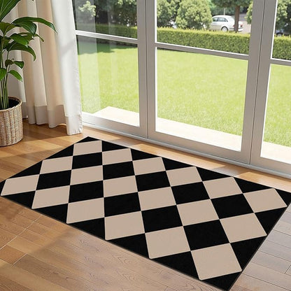Outdoor Rug Black Checkered Non-Slip Door Mat, 2 x 4.3 Ft