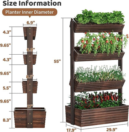 FILWH Wooden Raised Garden Bed Vertical Planter Box, Freestanding Plant Stand for Indoor Outdoor Plants, Herbs, Flowers, Vegetables, Gardening (Carbonized, 4-Tier，29.9 x 17.9 x 55in)