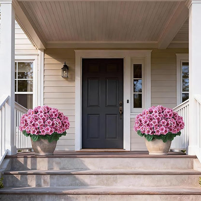 2 Pack Artificial Geranium Flowers Topitary Trees for Outdoors, UV Resistant Geraniums Potted Bushes Look Real Silk Faux Plants for Front Door Garden Porch Planter Farmhouse Home Decor (Pink)
