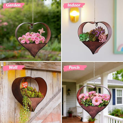 Metal Plant Hangers Indoor and Outdoor: Easter Gifts for Mom Women Her Wife Garden Lovers Birthday - Heart Shape Hanging Planters for Window Wall Living Room Office Decor(Rustic)