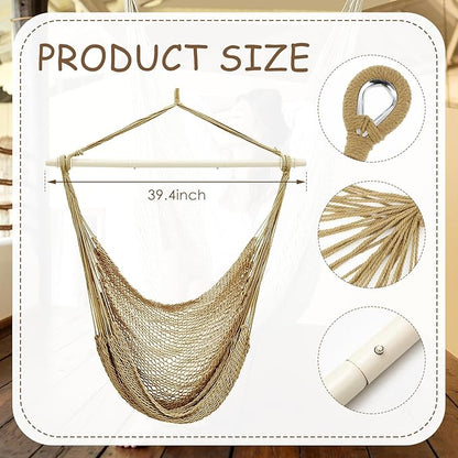 Barydat 2 Pcs Hanging Hammock Chair Boho Swing Chair Indoor Outdoor Cotton Rope Weaving Chair with 40 Inch Detachable Metal Bars for Backyard Living Room Bedroom Garden(Brown)