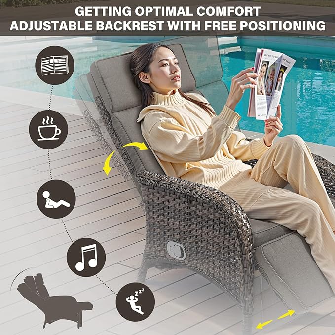 Belord 7 Piece Wicker Patio Furniture Set - 4 Adjustable Outdoor Recliner Chairs with 3 Side Table Patio Conversation Set,155° Lay Flat Chaise Lounge Chair Outdoor for Pool Deck Brown